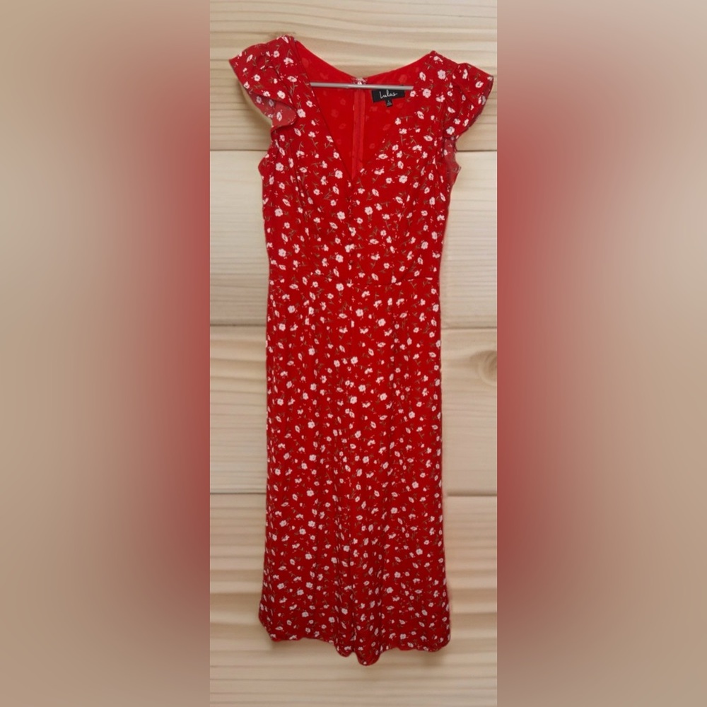 LULUS Size Floreal Love Red Floral Print Ruffled  Jumpsuit Flutter Sleeve Size S - Picture 2 of 3